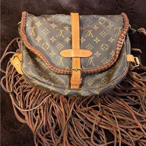 Designer Monogram Brown Crossbody Bag with Fringe